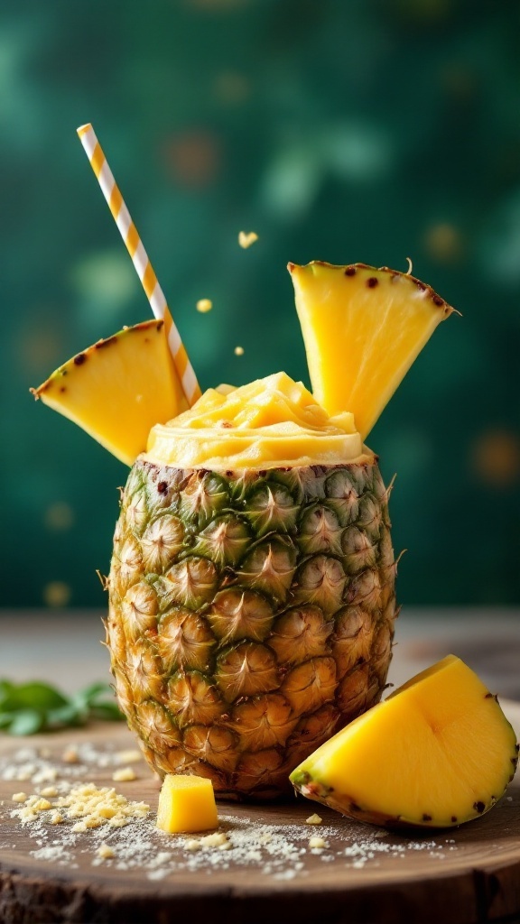 A refreshing Tropical Mango Pineapple Smoothie in a pineapple cup.
