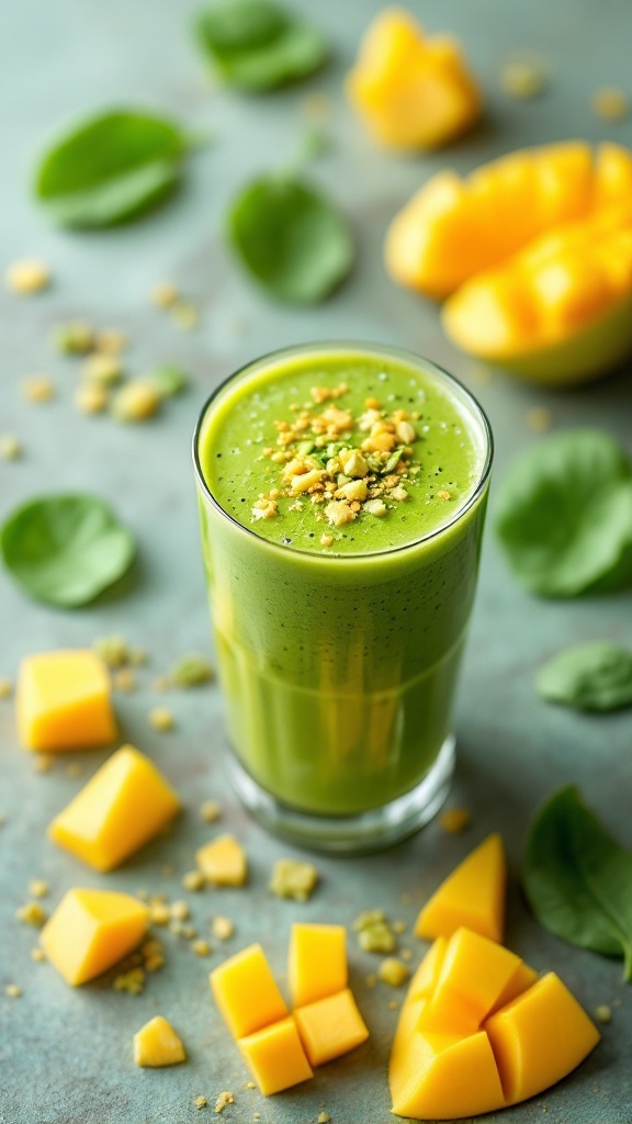 A refreshing green smoothie with mango and spinach.