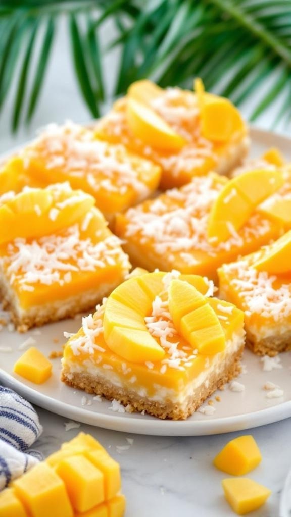 Tropical No Bake Mango Coconut Bars with mango slices and shredded coconut on top.