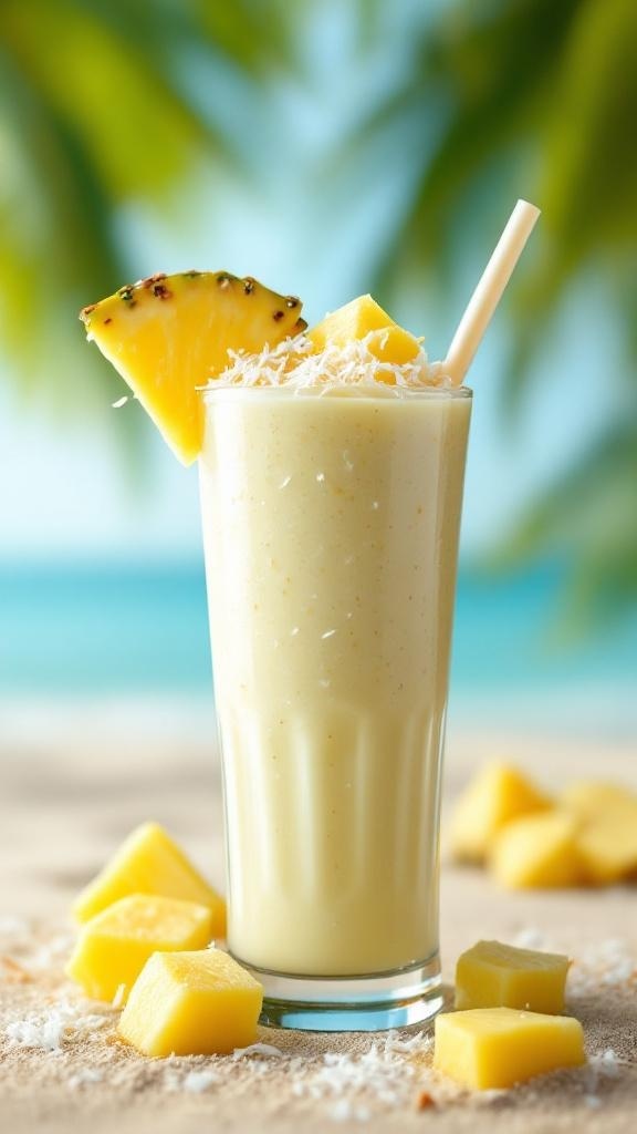 A refreshing Pineapple Coconut Smoothie garnished with pineapple and coconut flakes.