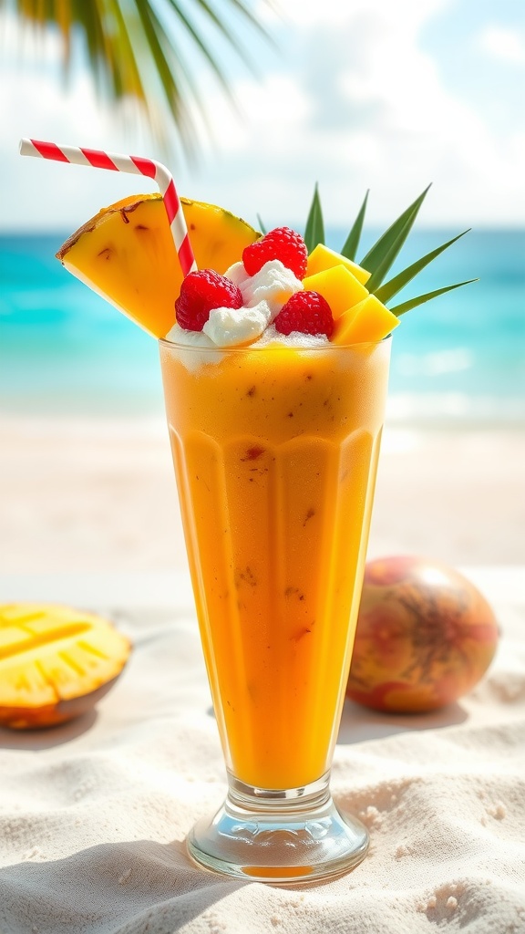 A refreshing Tropical Paradise Smoothie with fruits and coconut