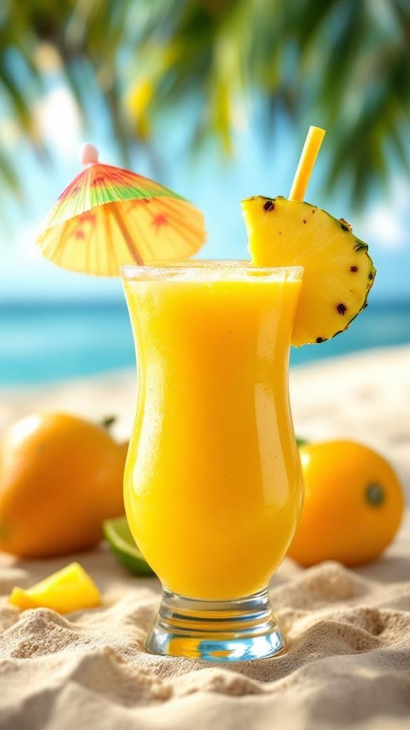 A vibrant tropical smoothie with a small umbrella and pineapple slice, set against a beach background.