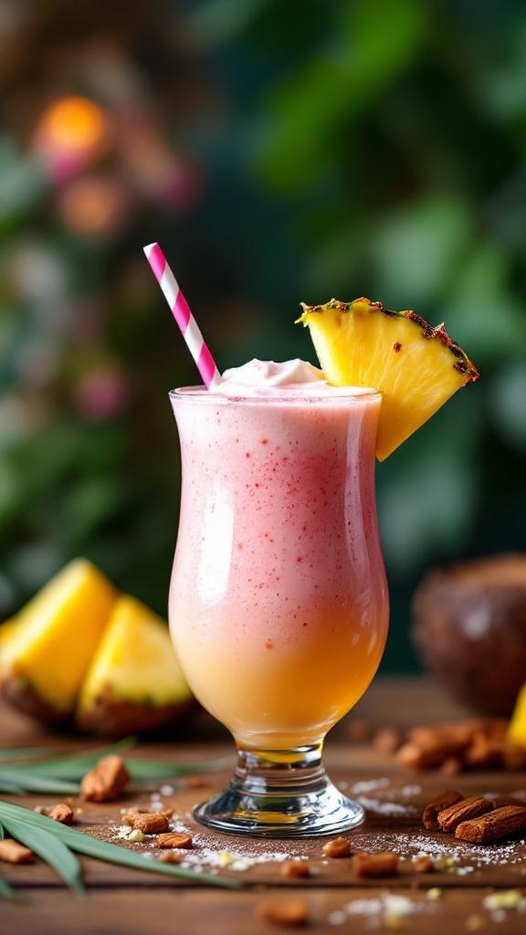A refreshing smoothie made with pineapple and coconut, garnished with a slice of pineapple.