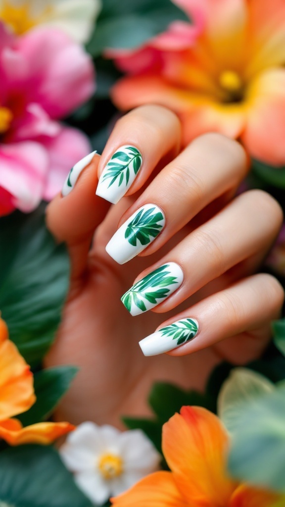 Nail design featuring tropical leaf patterns on a white base, surrounded by colorful flowers.