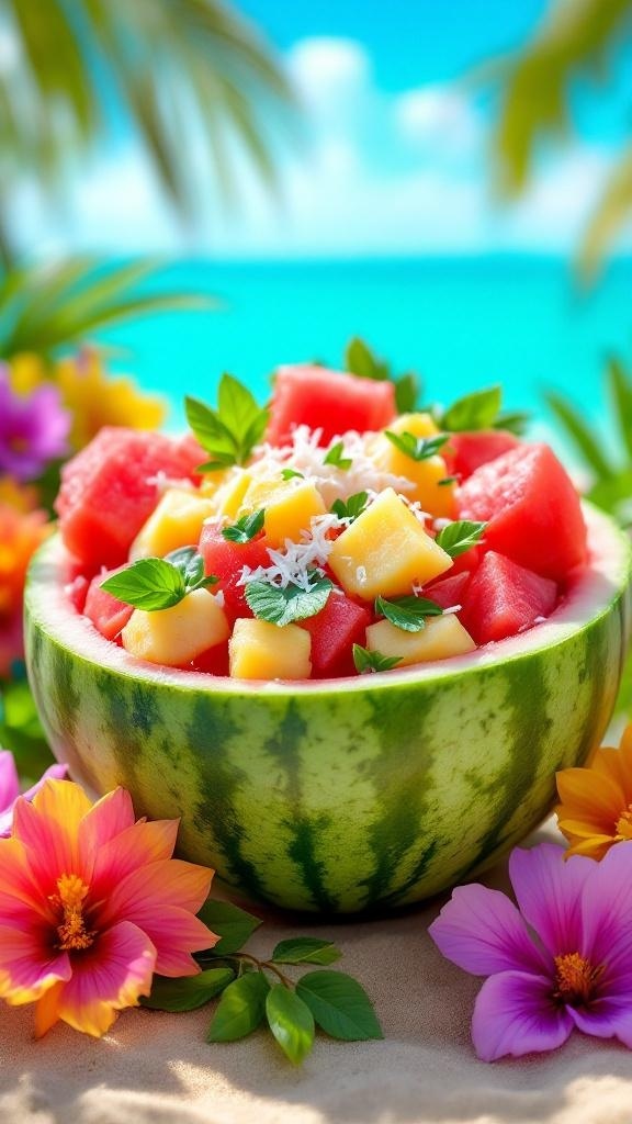 A vibrant tropical watermelon salad with pineapple and coconut, garnished with mint, set against a beach background.