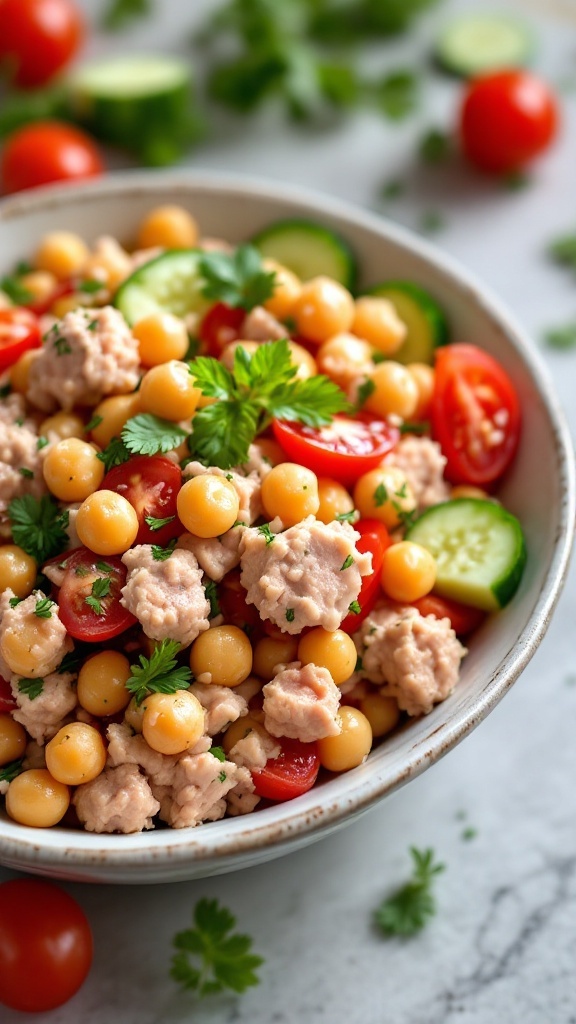 A bowl of Tuna and Chickpea Salad with fresh vegetables.