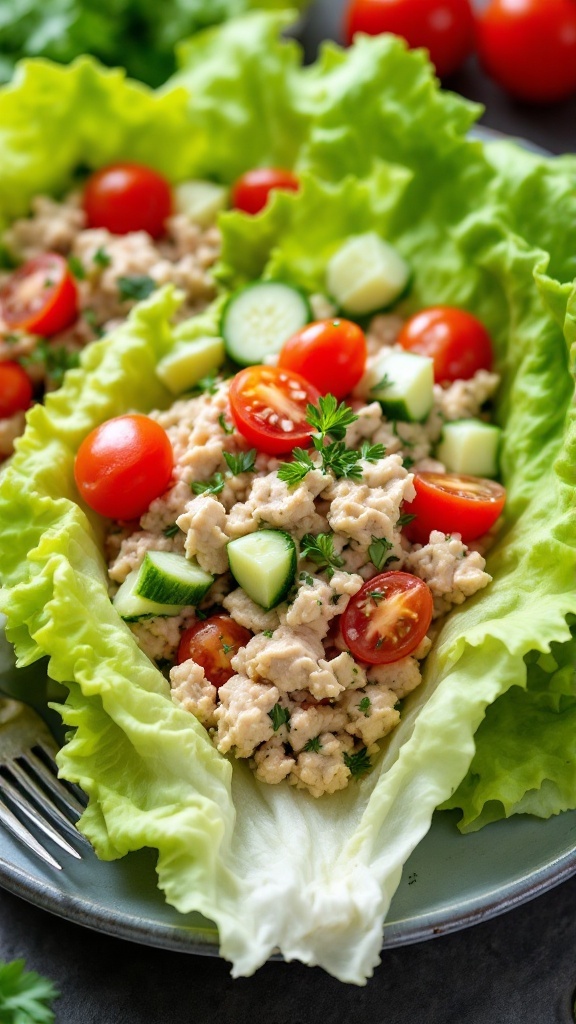 Tuna salad mixed with vegetables served in lettuce wraps.