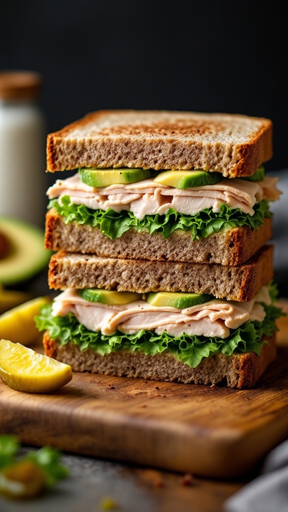 A stacked turkey and avocado sandwich with lettuce and cucumber.