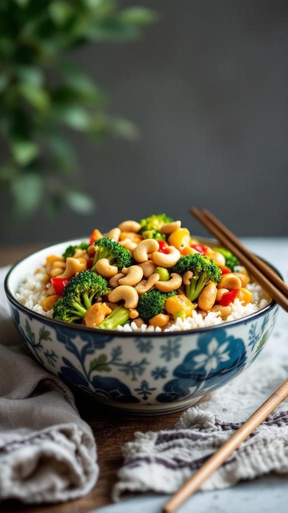 A bowl of turkey and broccoli stir-fry with cashews, served over rice.