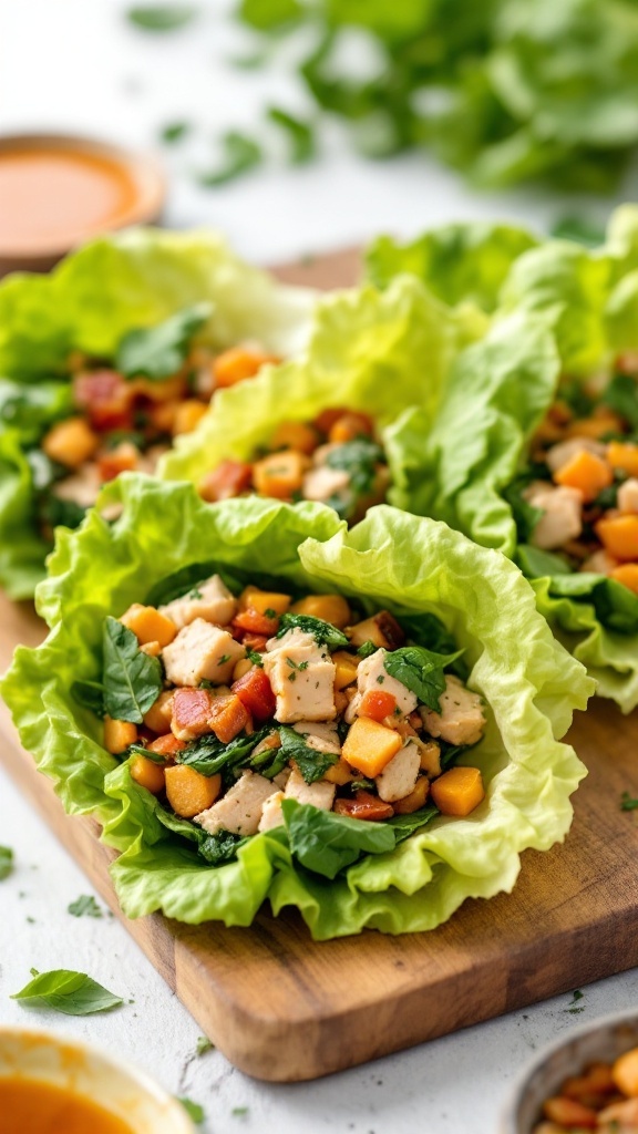 Turkey and spinach lettuce wraps with diced vegetables