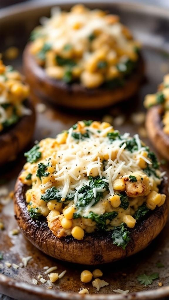 A plate of turkey and spinach stuffed portobello mushrooms topped with cheese.