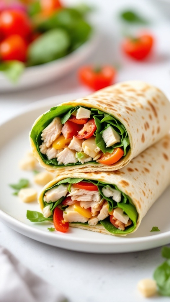 A delicious turkey and spinach wrap with colorful vegetables.