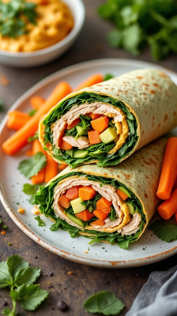 Turkey and spinach wrap with colorful vegetables and hummus on a plate