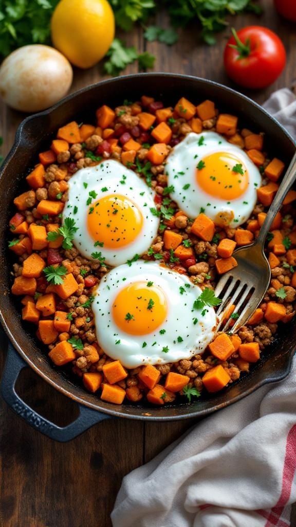 A skillet filled with turkey and sweet potato hash topped with eggs.