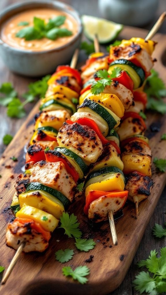 Grilled turkey and zucchini skewers served on a wooden board with a dipping sauce