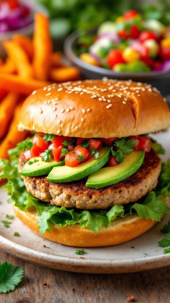 A delicious turkey burger topped with avocado and salsa, served with sweet potato fries and a colorful salad.