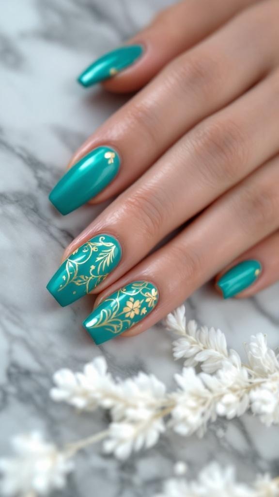 Turquoise nails with gold floral accents on a marble background