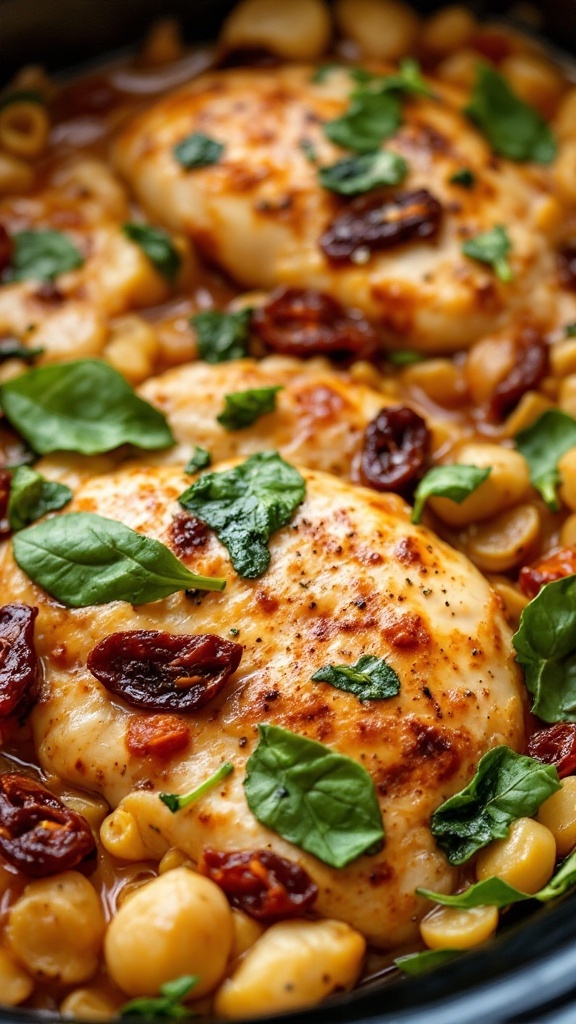 A delicious serving of Tuscan Chicken with Spinach in a crockpot.