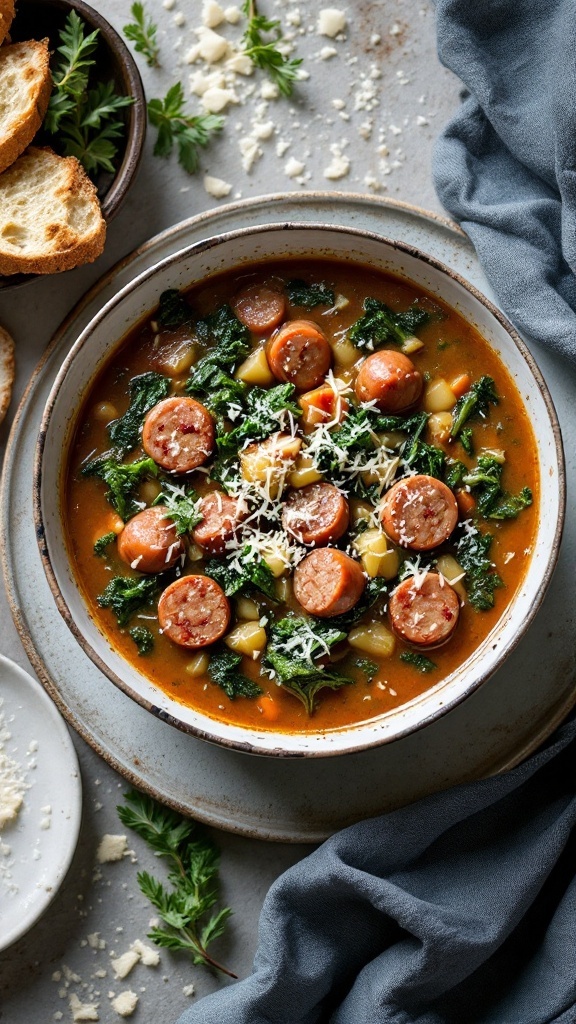 A bowl of Tuscan Sausage and Kale Soup with sausage slices, kale, and cheese on top.