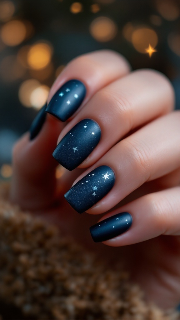 Close-up of nails painted with a dark matte finish and twinkling star designs.