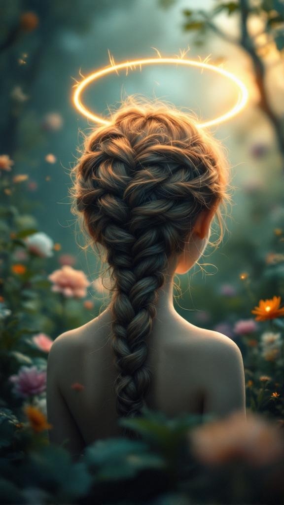 A girl with a twisted halo braid surrounded by flowers