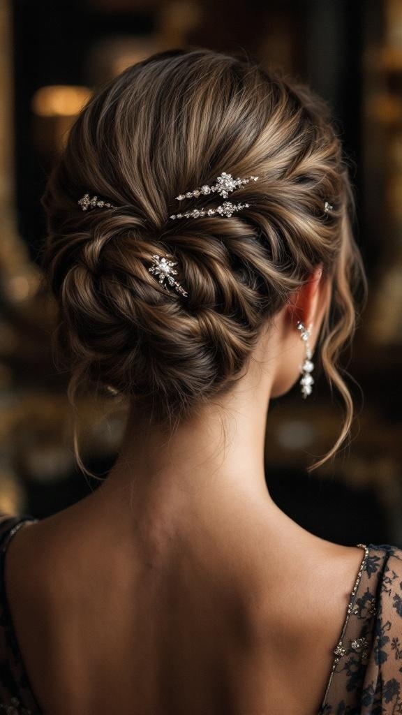 A woman with a twisted updo hairstyle adorned with sparkling hairpins, showcasing elegance and sophistication.