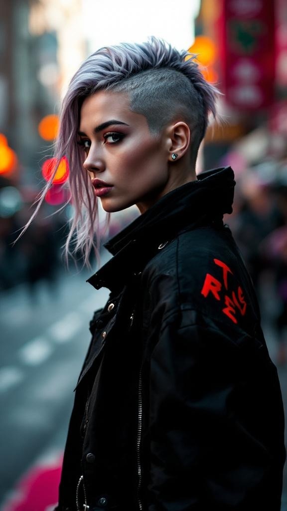 A woman with an undercut hairstyle featuring long hair on top, styled upwards, set against a city backdrop.