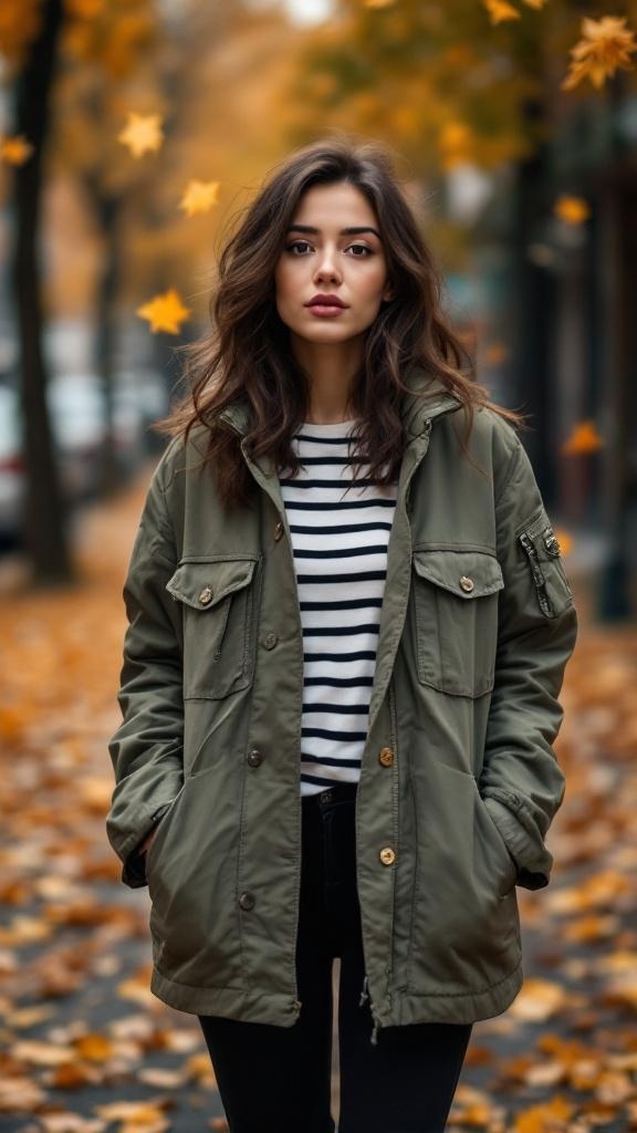 A woman wearing an olive green utility jacket and a striped top, standing on a street covered with autumn leaves.