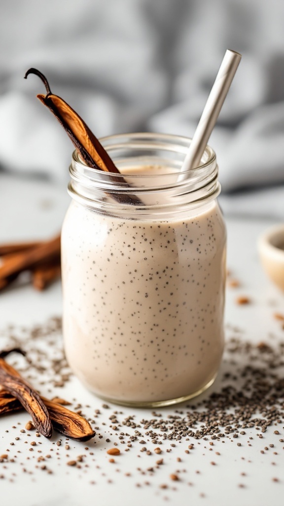 A mason jar filled with a vanilla chia seed shake, garnished with a vanilla pod and surrounded by chia seeds.