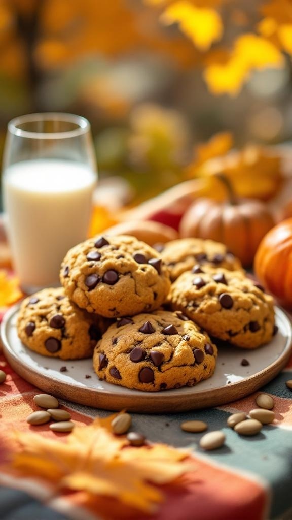 Vegan and gluten-free pumpkin chocolate chip cookies on a plate with a glass of milk