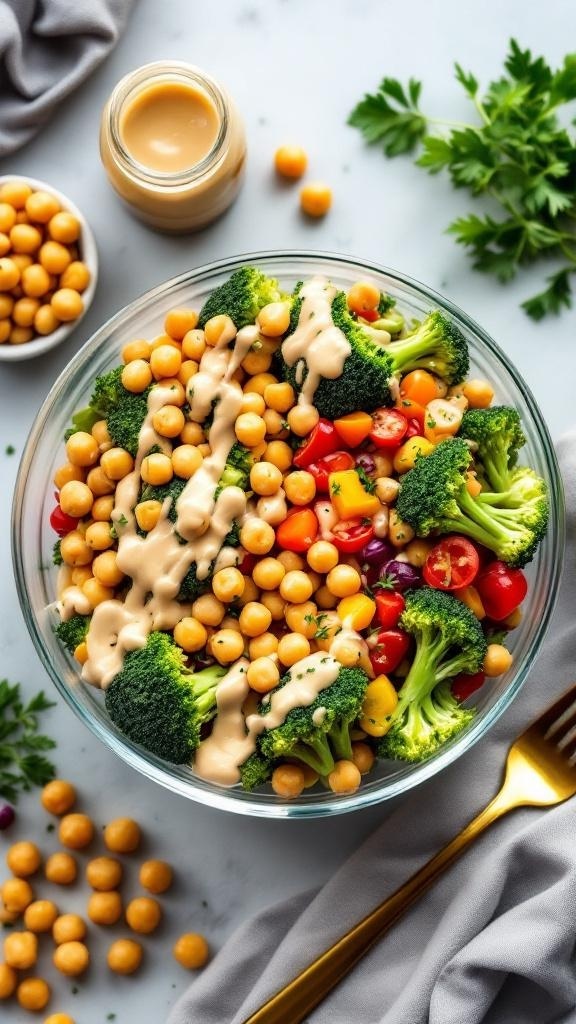 A vibrant vegan broccoli salad with chickpeas and tahini dressing in a glass bowl, garnished with fresh parsley.