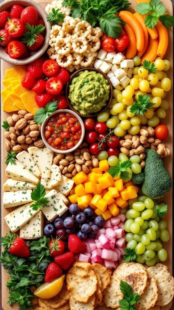 A vibrant vegan charcuterie board featuring fresh fruits, vegetables, dips, nuts, and vegan cheese.
