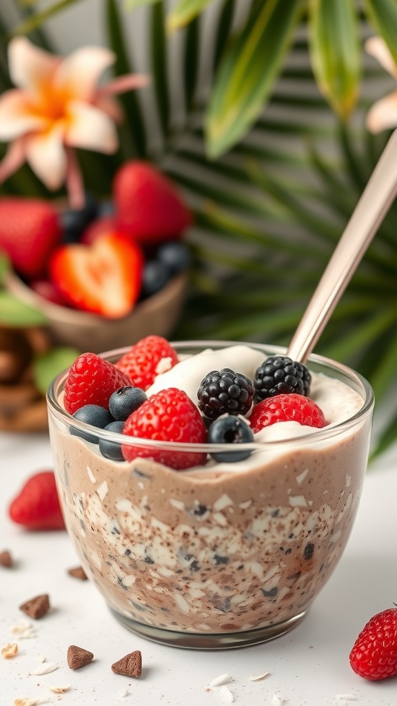 A bowl of vegan chocolate coconut overnight oats topped with fresh berries and coconut flakes.