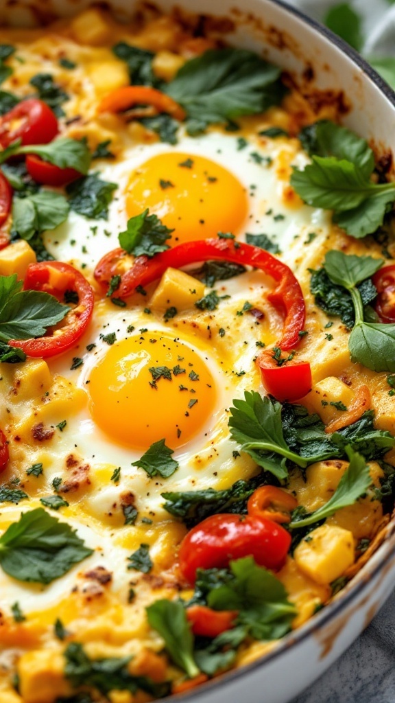 A delicious vegetable-loaded egg casserole topped with fresh herbs and tomatoes.