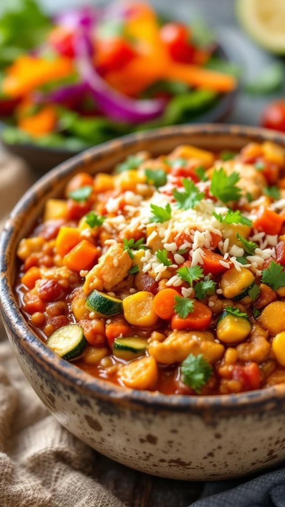 A bowl of vegetable-packed chicken chili topped with cilantro and cheese, with a colorful salad in the background.