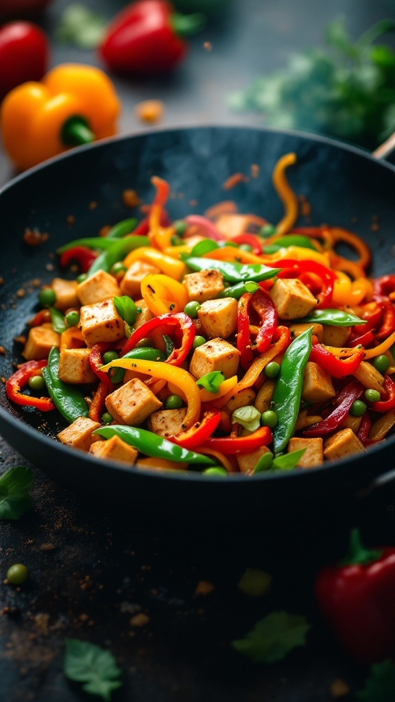 A colorful vegetable and tofu stir-fry in a pan.