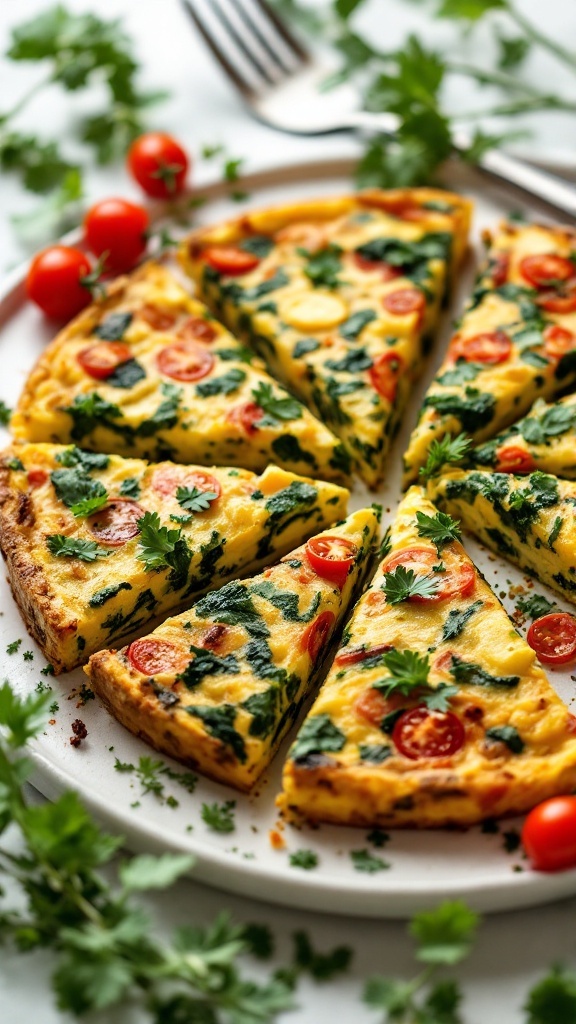 Vegetable frittata slices on a white plate garnished with herbs and cherry tomatoes.