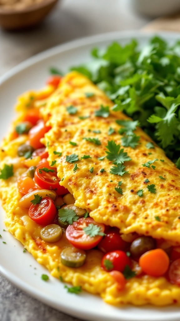 A delicious vegetable omelette with cherry tomatoes and cilantro, served with fresh greens.