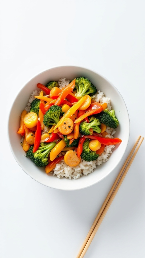 A colorful bowl of vegetable stir-fry with rice