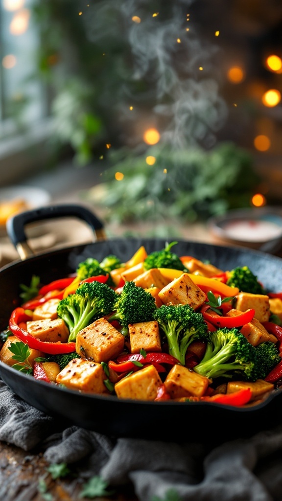 A colorful vegetable stir-fry with tofu in a skillet