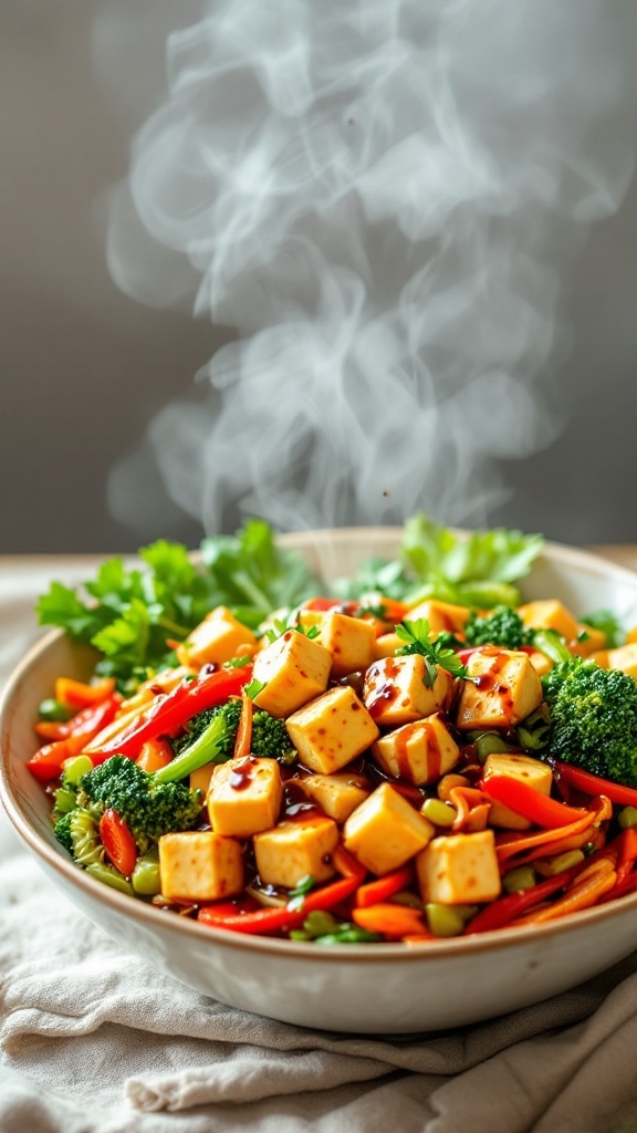 A bowl of colorful vegetable stir-fry with tofu, garnished with fresh herbs.
