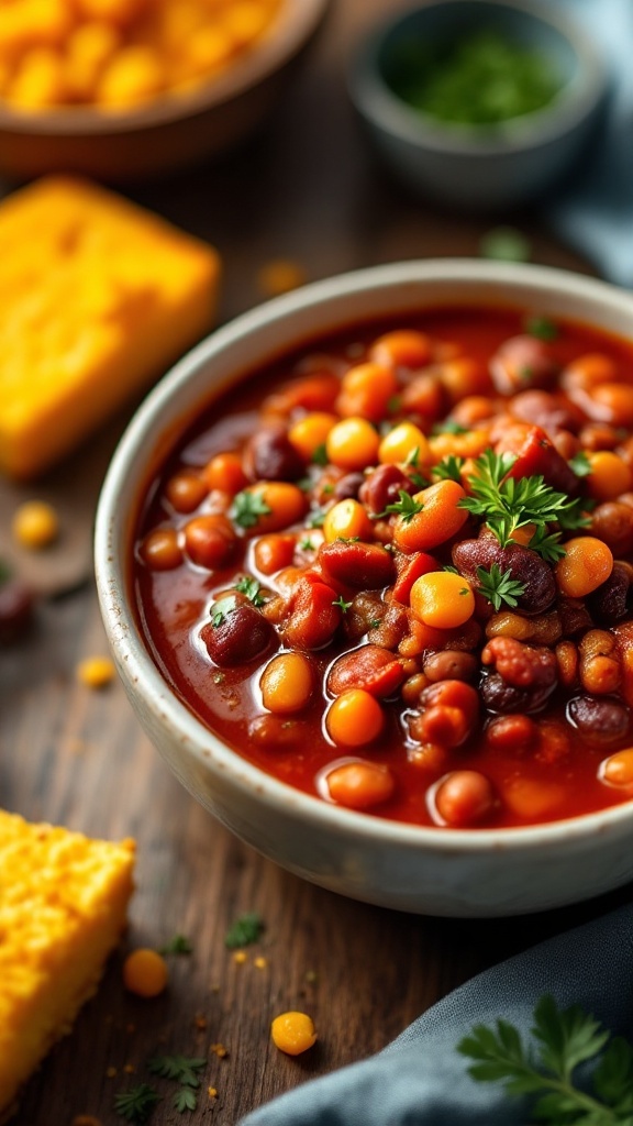 A bowl of vegetarian chili with various beans and colorful vegetables