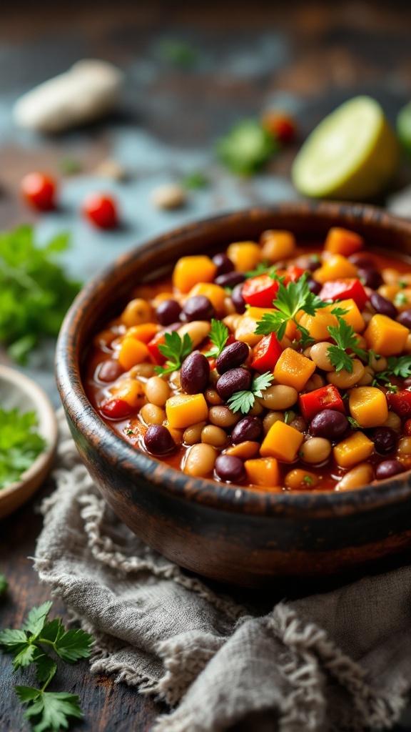 A bowl of colorful vegetarian chili featuring black beans and assorted vegetables.