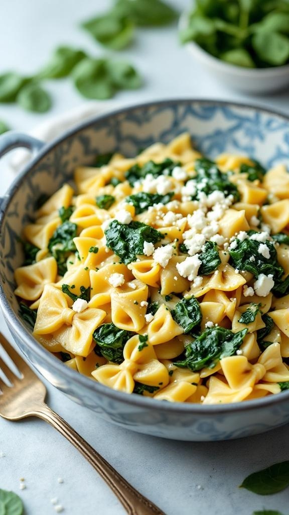 A bowl of Vegetarian One-Pot Spinach Artichoke Pasta with bowtie pasta and spinach