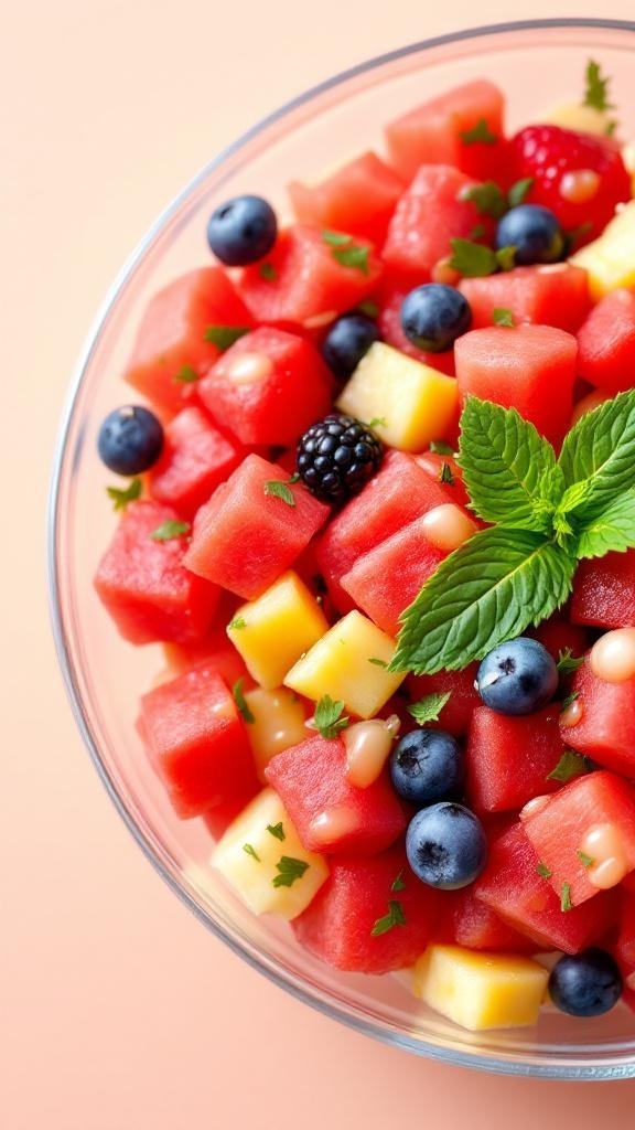 A colorful bowl of fruit salad featuring watermelon, blueberries, pineapple, strawberries, and blackberries with mint leaves.