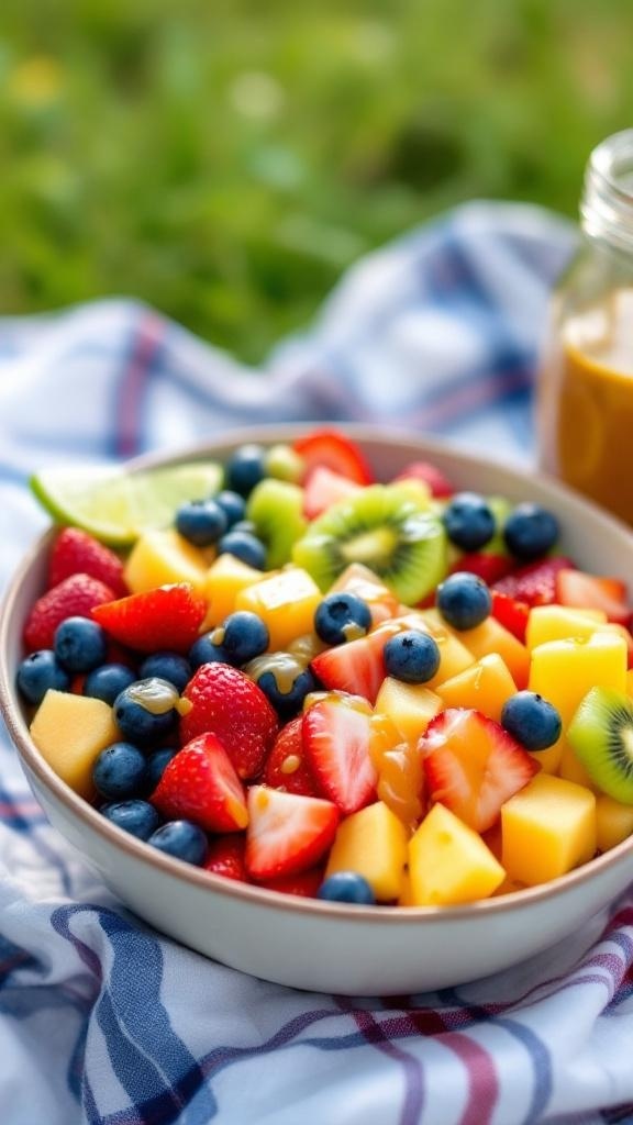 A colorful bowl of fruit salad with strawberries, blueberries, mango, and kiwi, topped with honey lime dressing.