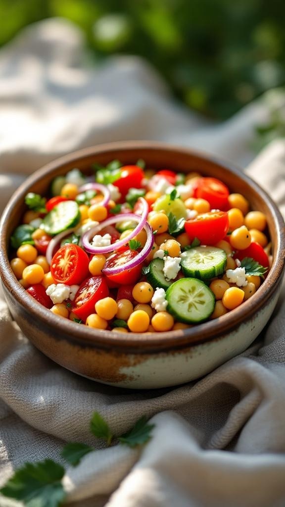 A bowl of Mediterranean Chickpea Salad with colorful vegetables and feta cheese.