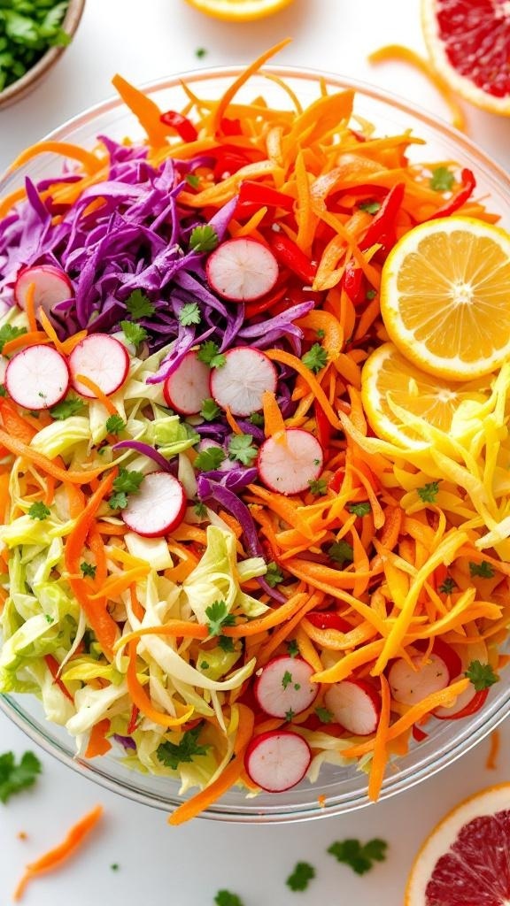 A colorful bowl of rainbow salad with various vegetables and citrus slices.