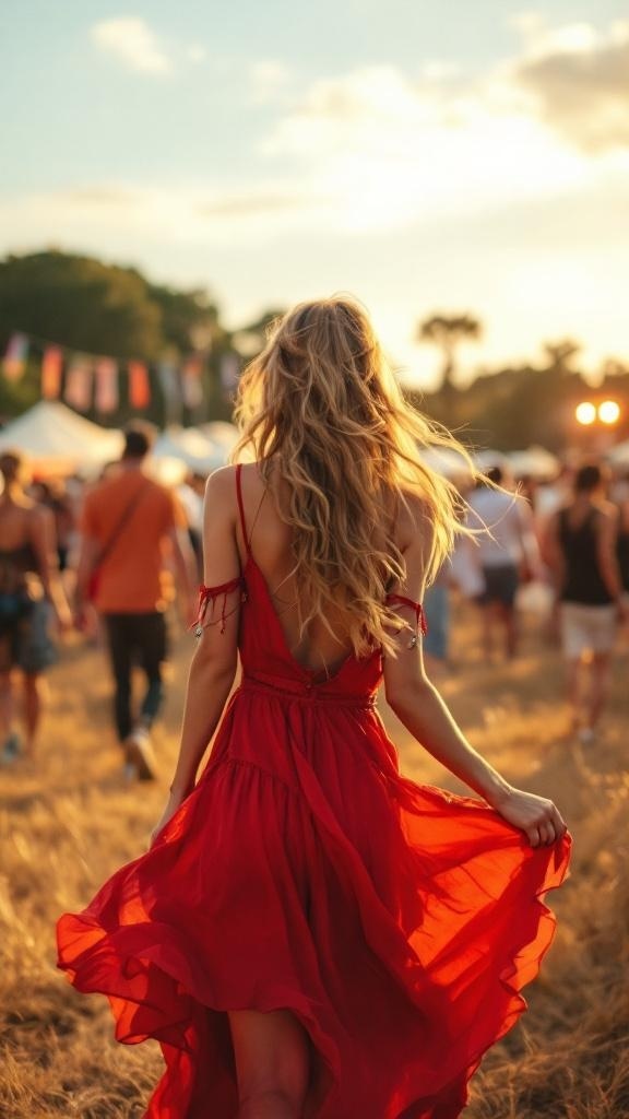 A woman in a flowing red dress walking through a summer festival, with a sunset in the background.