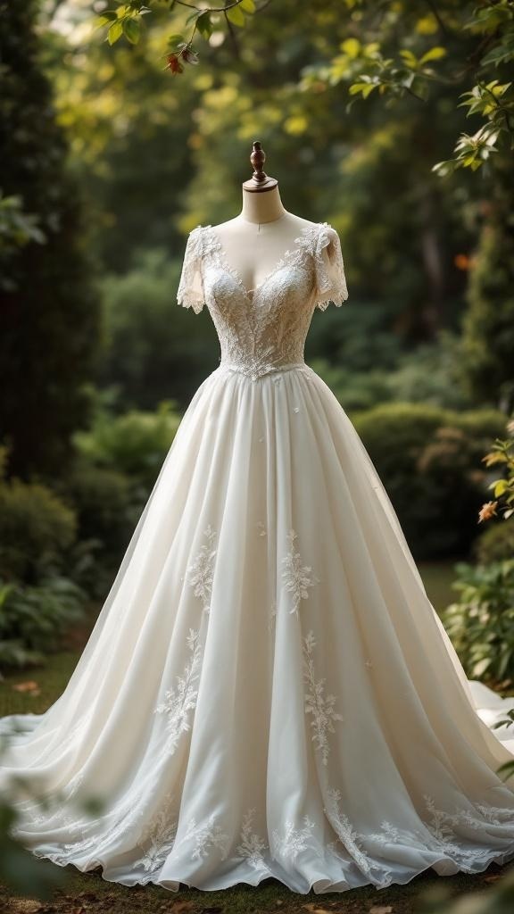 A vintage-inspired ball gown with lace details and a flowing skirt, set against a natural backdrop.